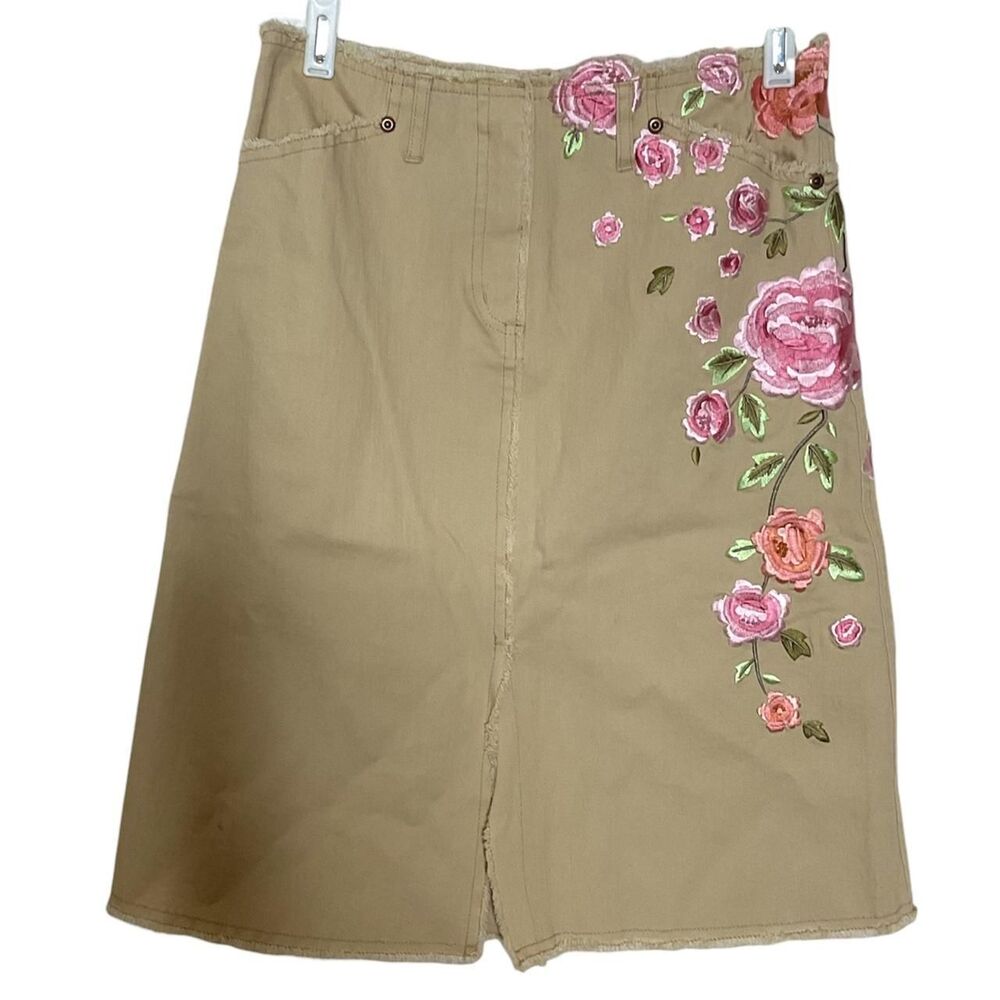 Anthropologie Tan and Pink Floral Embroidered Pencil Skirt Boho Size 0